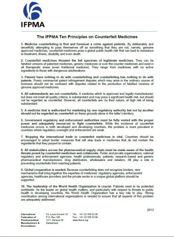 The IFPMA Ten Principles on Counterfeit Medicines