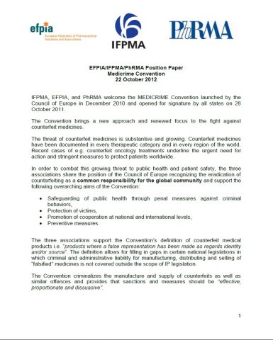 Joint Industry Position on Medcrime Convention