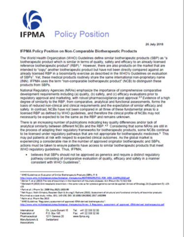 IFPMA Policy Position on Non-Comparable Biotherapeutic Products