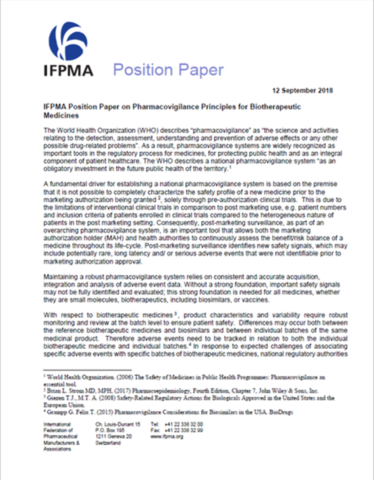 IFPMA Position Paper on Pharmacovigilance Principles for Biotherapeutic Medicines