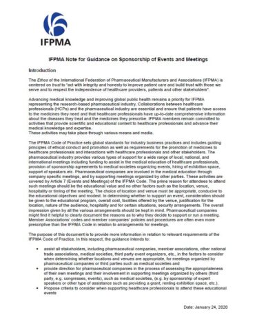 IFPMA Note for Guidance on Sponsorship of Events and Meetings (2020 update)